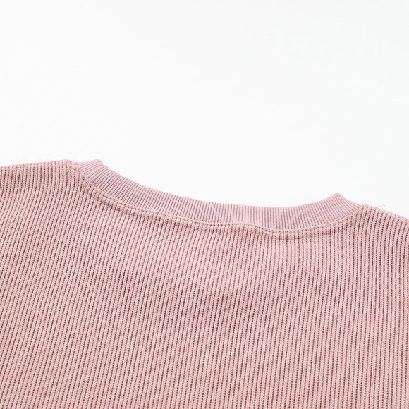 Cali Chic Women Sweatshirt Pink Solid Ribbed Knit Round Neck Pullover - Picture 7 of 10